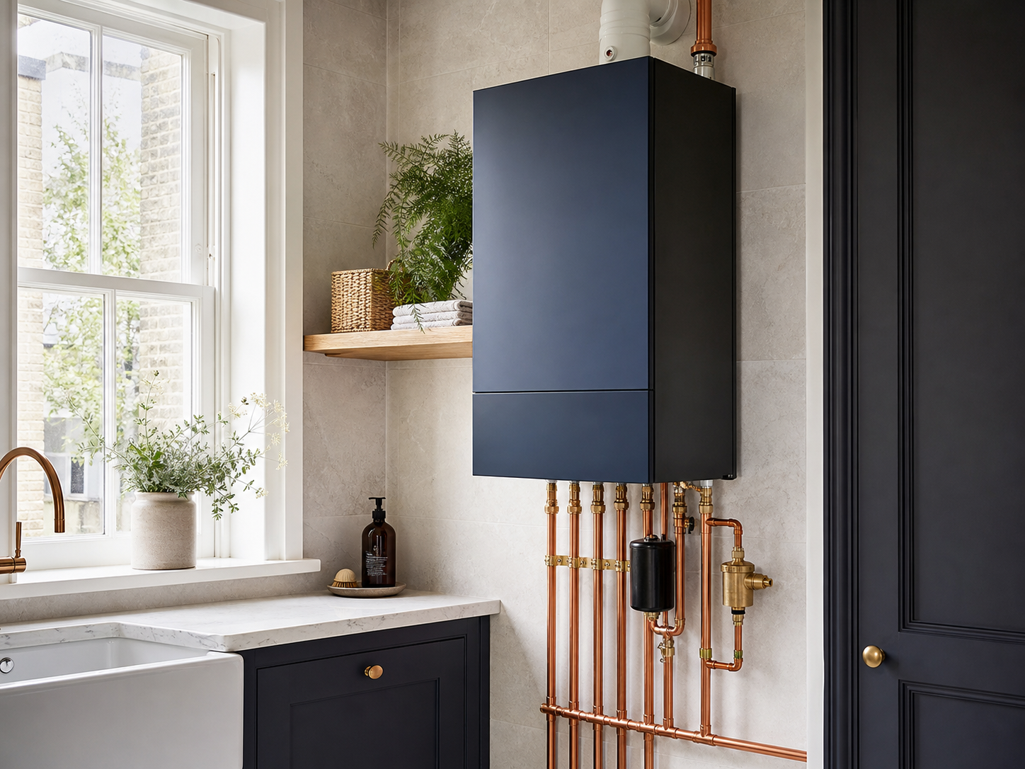 Dark boiler and considered copper pipework used in the Ace Plumbing concept